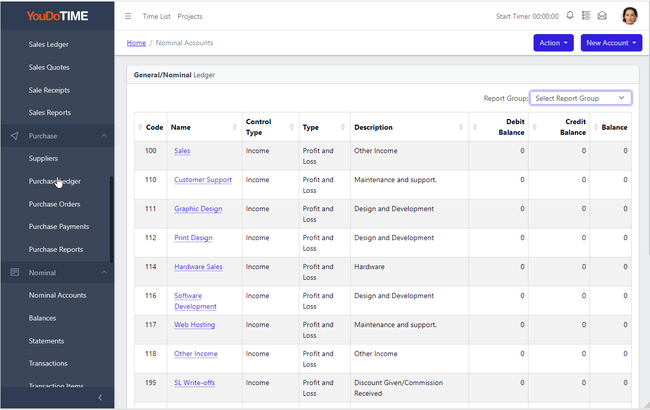 YouDoAccounting nominal account list showing account types and report groups