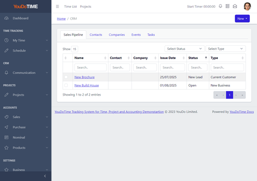 YouDoCRM sales pipeline list showing all opportunities and sales leads