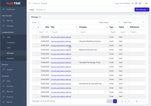 YouDoCRM message list showing every outbound email across users and sources, with search