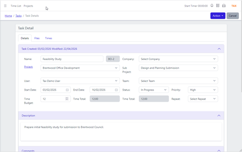 YouDoProjects task detail showing assignment, priority, deadline and sub-project link