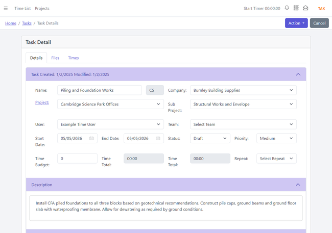 YouDoProjects task with allocated budget hours, scheduled user and dates