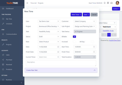 YouDoTime entry form with customer, project, sub-project, task, billable status and time fields