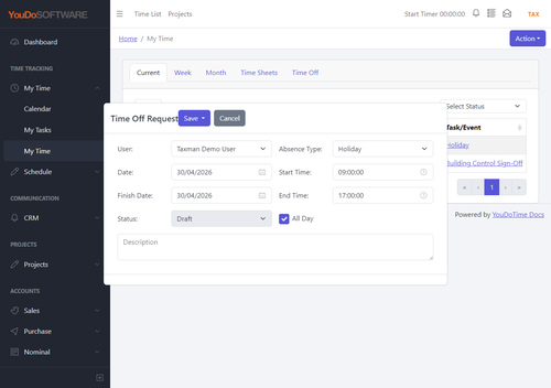 YouDoTime time-off request with user, absence type, dates, times and status