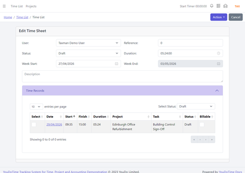 YouDoTime weekly timesheet showing detailed project and task time records