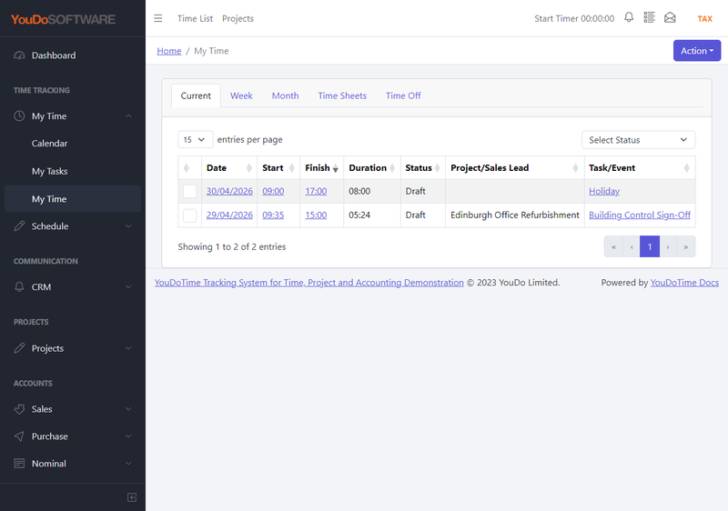 YouDoTime list showing actual time recorded against a project and task