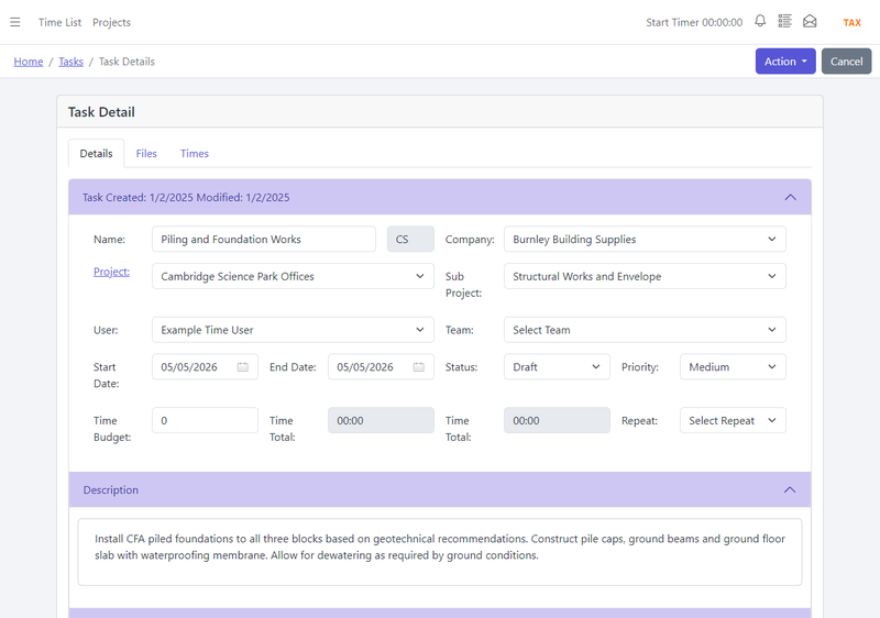 YouDoProjects task showing its project, sub-project, assignee, dates and allocated time budget